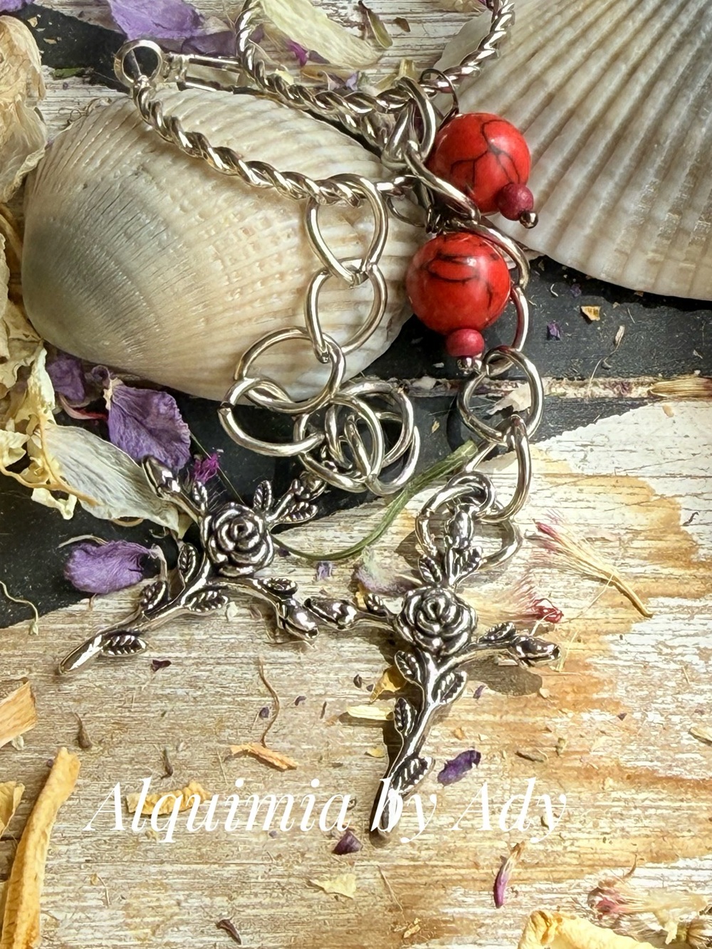 Silver Rose Cross Earrings with Red turquoise Beads